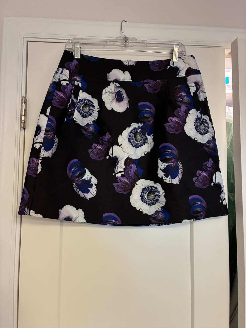 J Crew Floral Print Black A-Line Skirt in Purple and White